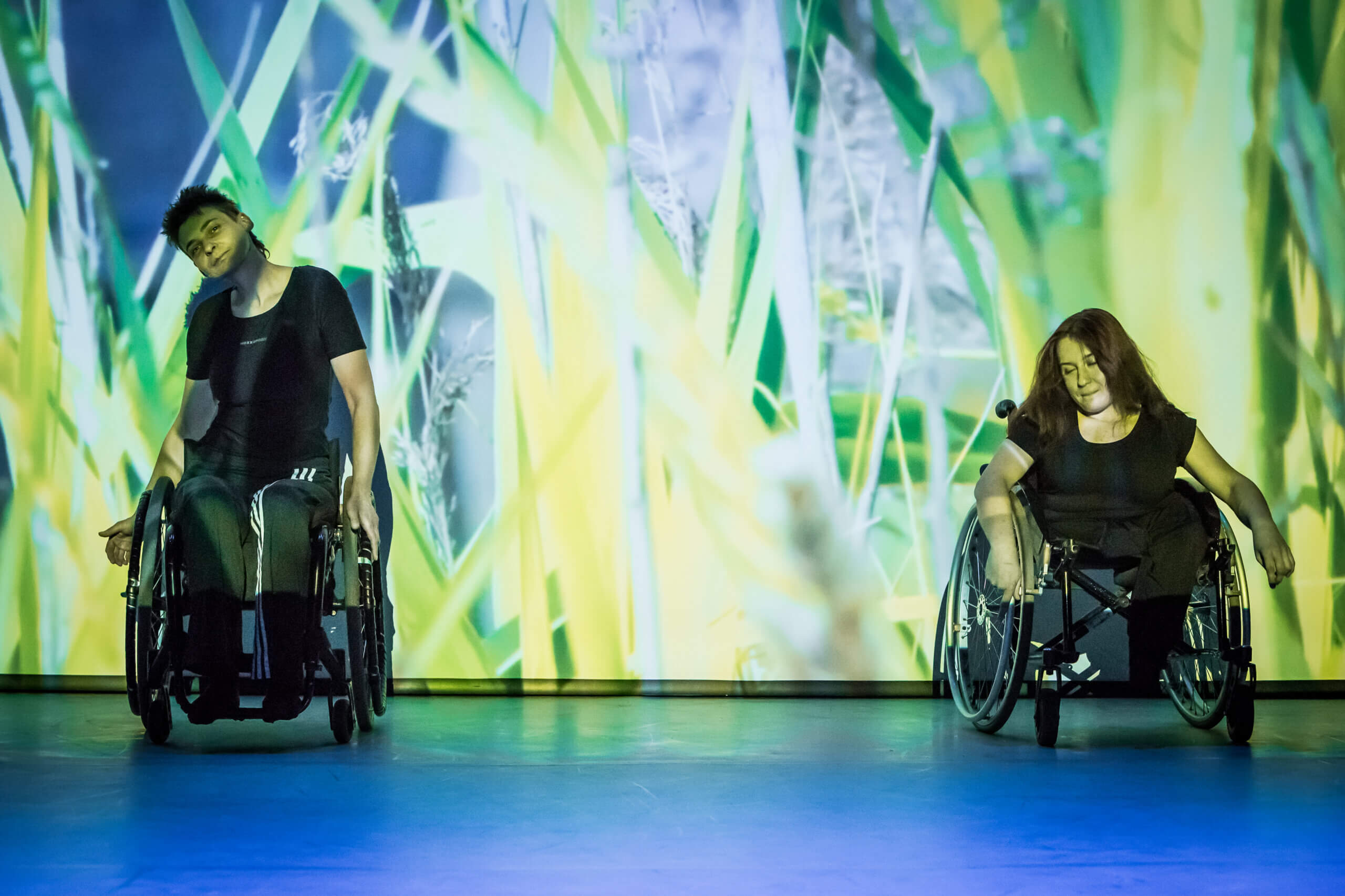 Zdjęcie ze spektaklu Gatunki chronione. Na zdjęciu na tle traw znajdują się obok siebie dwie kobiety na wózkach inwalidzkich. Ubrane są na czarno.