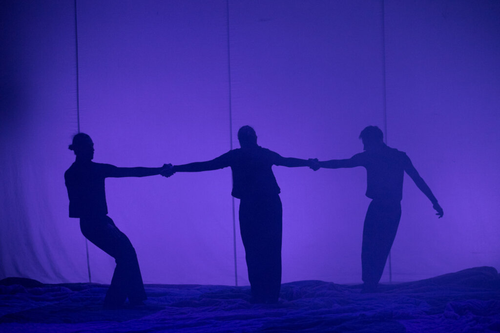 Zdjęcie utrzymane w tonacji niebieskiej, przedstawia cienie trzech tancerzy, którzy trzymają się za wyprostowane ręce.