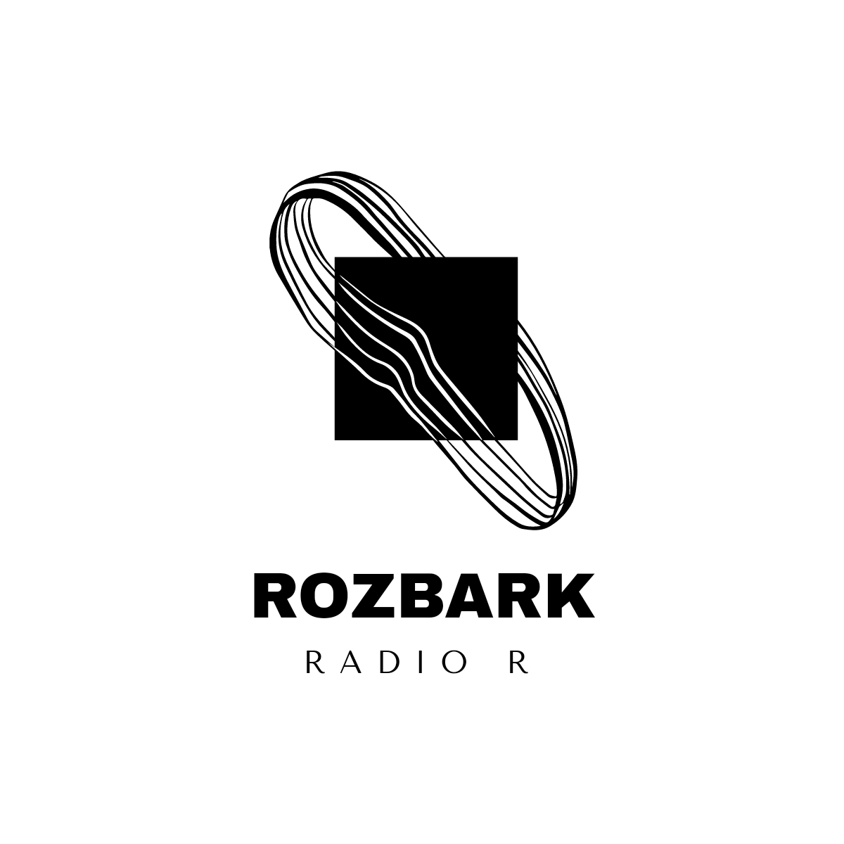 7. Radio Rozbark plakat czarno-biały. Na białym tle znajduje się czarny kwadrat otoczony po przekątnej owalem składającym się z pięciu linii w kolorze czarno-białym. Pod znakiem zaś pogrubionym czarnym kolorem ROZBARK a pod nim RADIO R