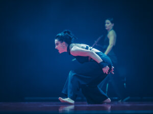Bestie. Na zdjęciu postać tancerki, która na ugiętych kolanach, pochylona do przodu przemieszcza się. Ubrana w czarny kostium.